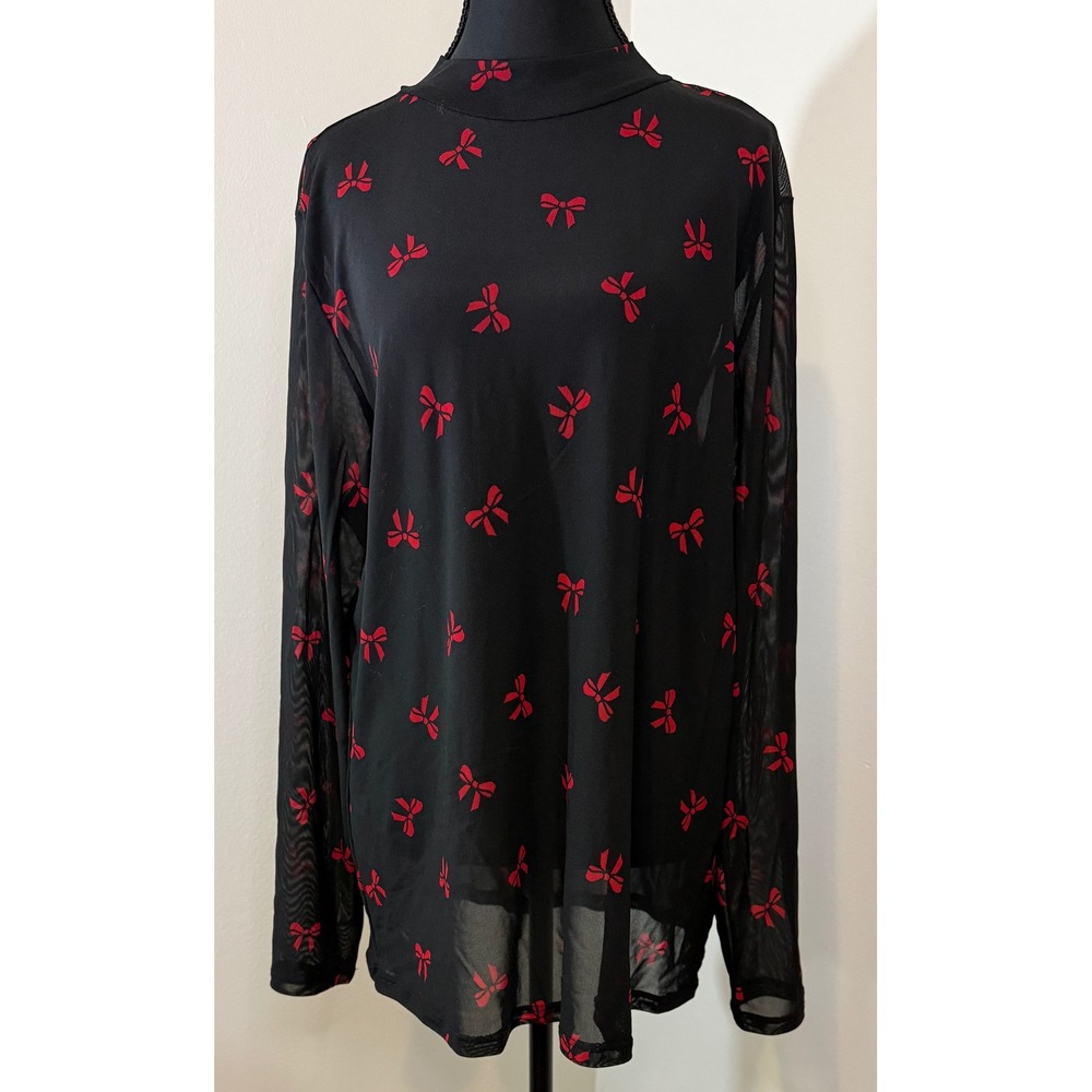 Torrid‎ Black Mesh Long Sleeve Bow Print Mock Neck Top Size 3